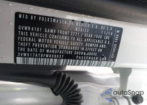 2015 Volkswagen Beetle 1.8T из США, поврежденный, VIN 3VW517AT8FM808037